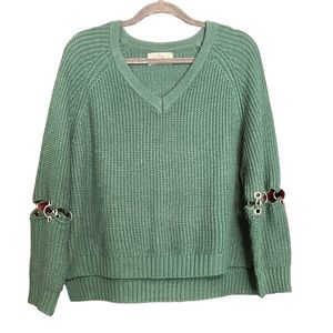 Teal Cropped Box Sweater with Chain Sleeve Detail